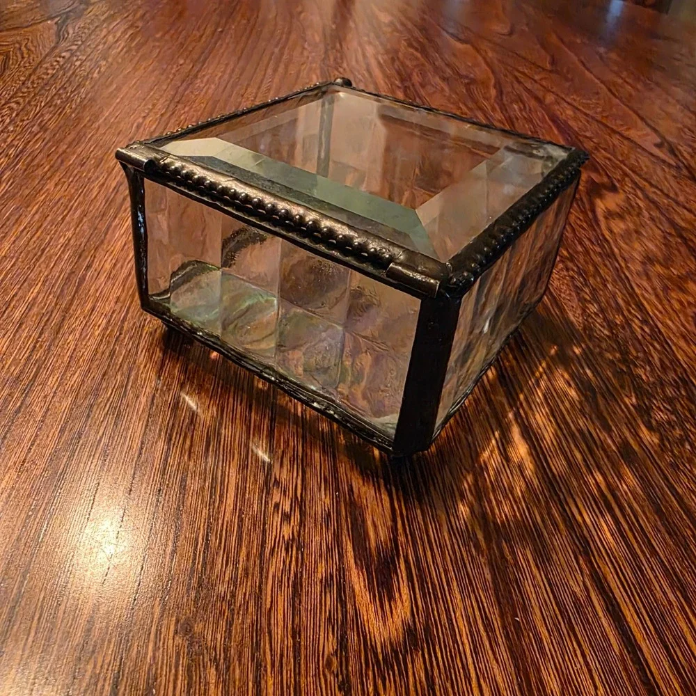 Vintage Iridescent Stained Glass Jewelry Box Beveled Clear Trinket Box Lidded